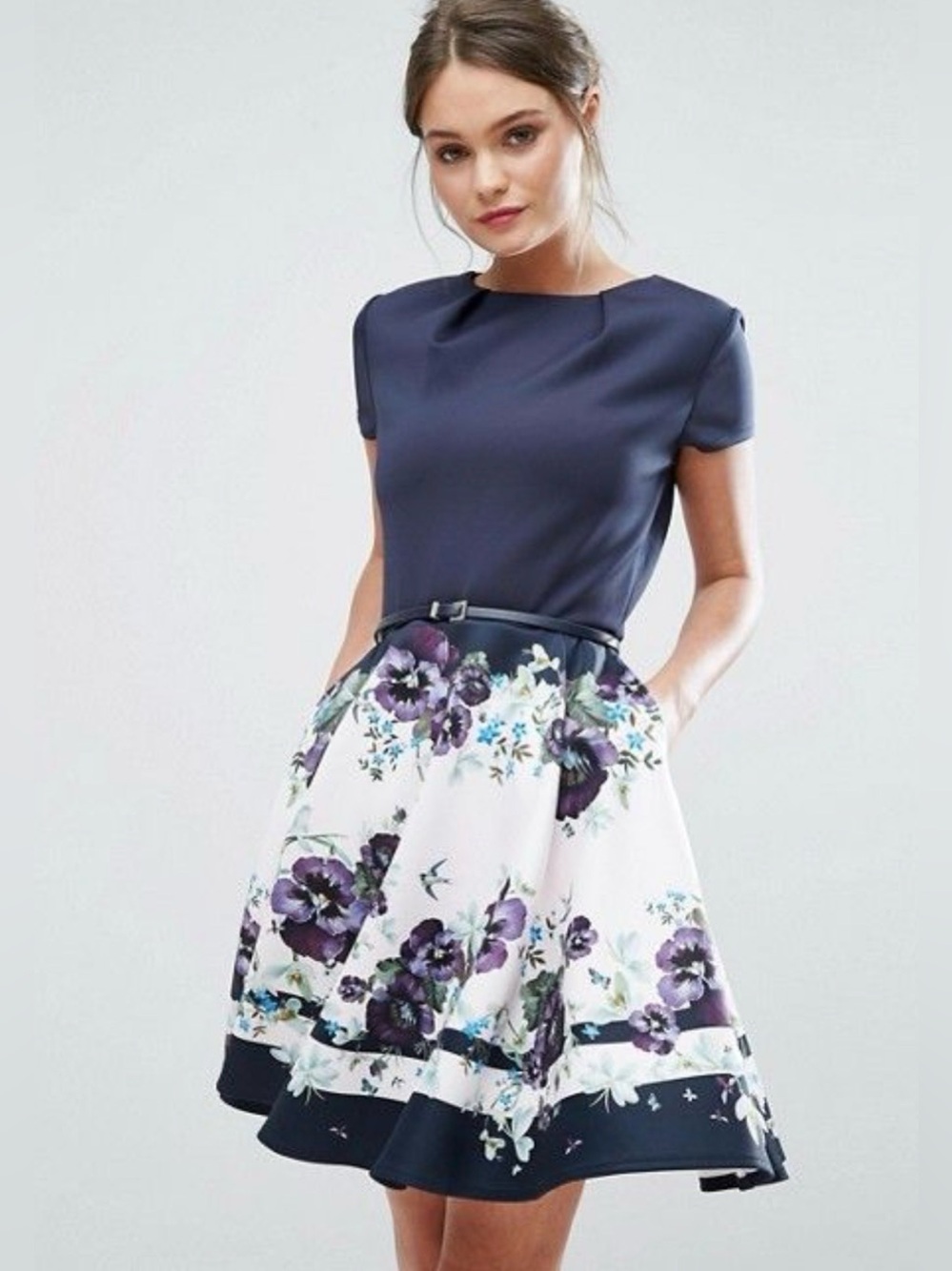 Ted Baker Black and Purple Floral Fit-and-Flare Dress
